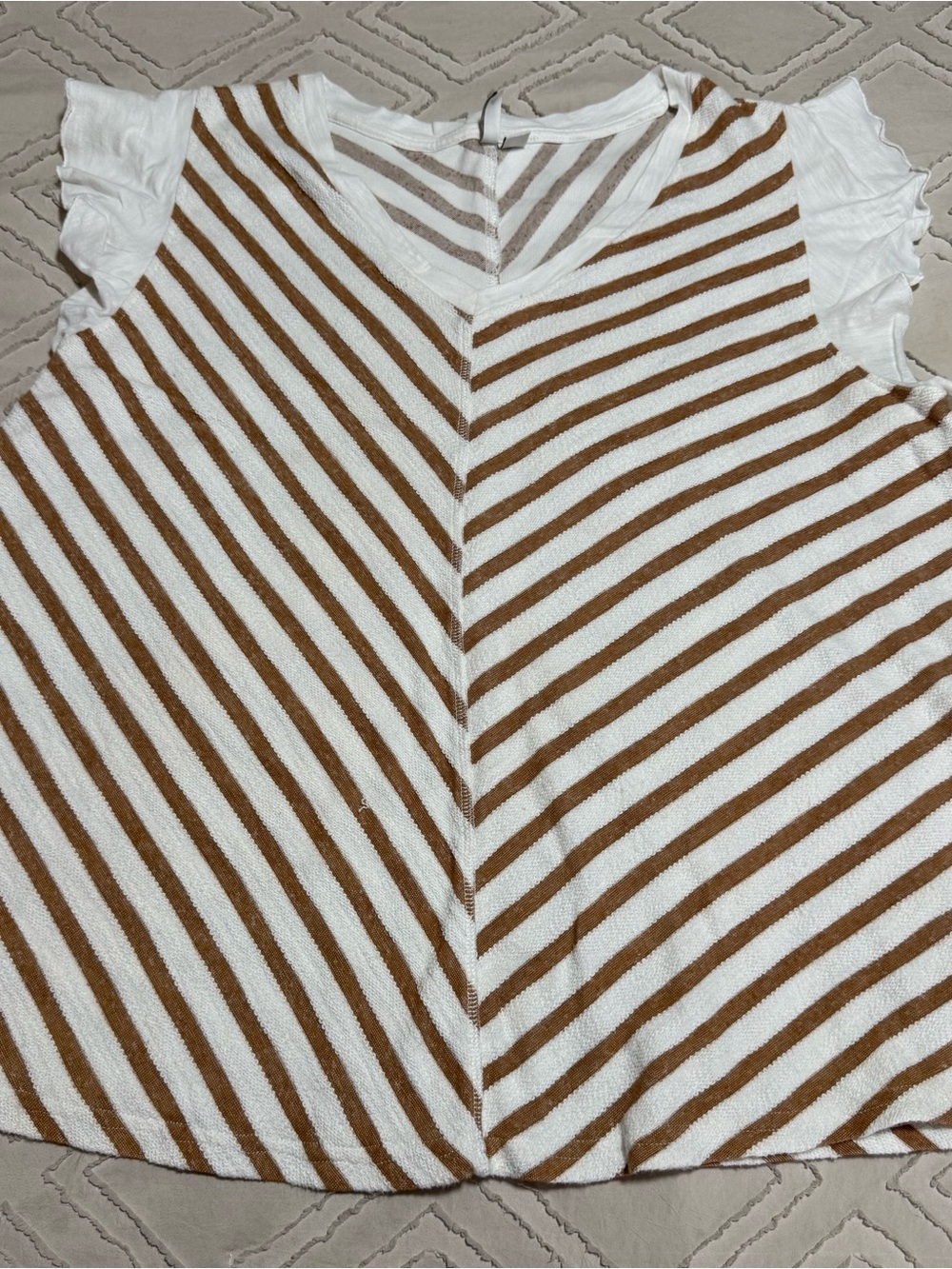 Cato White and Brown Striped V‑Neck Tunic with Ruffle Sleeves